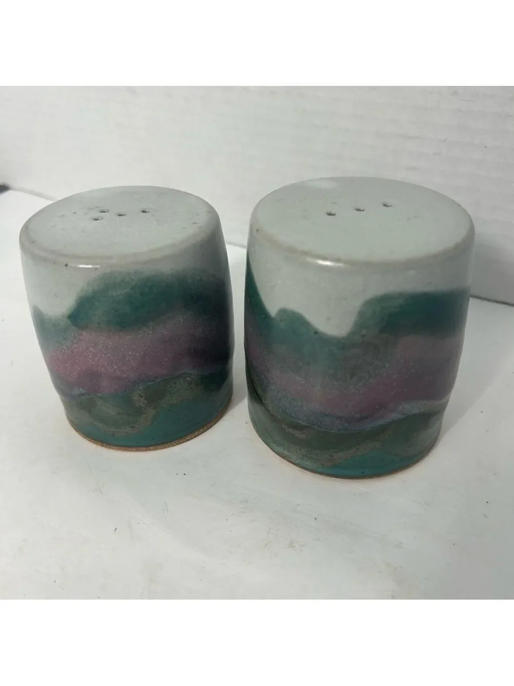 Vintage Art Pottery Ceramic Salt Pepper Shakers Drip Glaze Purple Green 1.5x3”